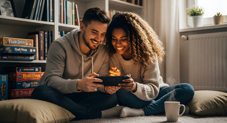 A happy multi-ethnic couple sitting on the living room floor, laughing while playing a video game on a handheld console together. The cozy home setting features bookshelves and board games, highlighting a fun bonding moment.の素材