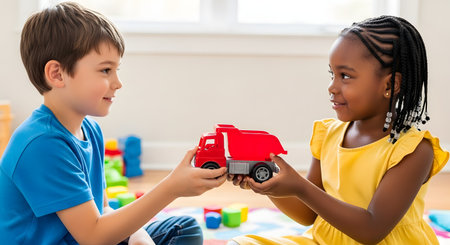 A young boy and a young Black girl are sitting on the floor, smiling at each other as they share a red toy dump truck. This image represents sharing, friendship, kindness, diversity, and cooperative play in childhood.の素材
