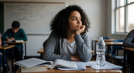 A young female student looks bored and distracted while sitting at her desk in a classroom. She rests her chin on her hand, looking away from her books and water bottle, conveying a lack of interest.の素材