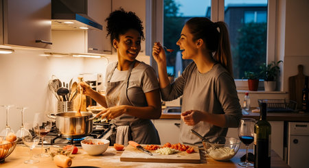 Two happy female friends cook dinner together in a warm kitchen, with one tasting sauce from a spoon held by the other. The scene is filled with fresh ingredients and wine, capturing the joy of friendship and home cooking.の素材