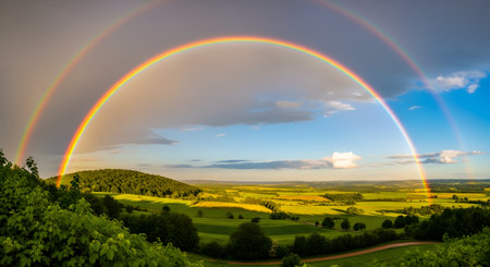 A breathtaking double rainbow arches over a lush green landscape of rolling hills and fields. The scenic view captures the beauty of nature after a storm with a bright colorful sky and rural horizon.の素材