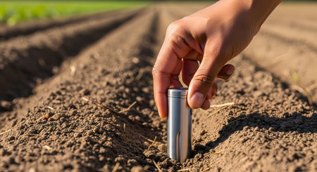 A farmer's hand inserts a metal soil testing probe into the earth of a plowed agricultural field. This image illustrates precision farming, soil analysis, and the use of technology to monitor crop conditions.の素材