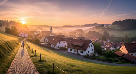 A person walks down a cobblestone path towards a charming rural village nestled in rolling hills during a misty sunrise. The golden light illuminates the church steeple and traditional houses, creating a peaceful atmosphere.の素材