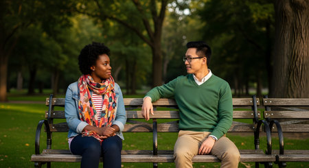A diverse couple, a Black woman and an East Asian man, sit on a wooden park bench, facing each other and engaging in conversation. They are in a green, sunny park with large trees. The image suggests a date, a deep conversation, or a developing relationship.の素材