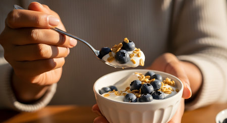 A close-up shot of a person eating a healthy breakfast. One hand holds a white bowl of Greek yogurt topped with fresh blueberries and granola, while the other lifts a spoonful to eat.の素材
