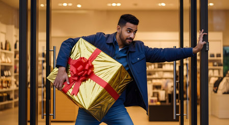 A man struggles playfully to carry a massive gold gift box with a red ribbon through a store entrance. The scene depicts the excitement of holiday shopping and buying large presents.の素材