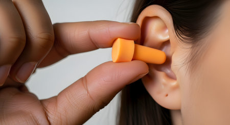 A close-up shot of a person inserting a soft orange foam earplug into their ear canal. This image illustrates concepts of hearing protection, noise reduction, workplace safety, or preparing for sleep.の素材