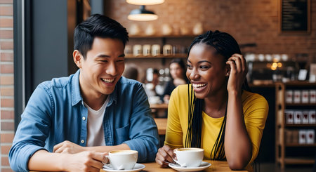 A happy, diverse couple (East Asian man, Black woman) laughs while sitting at a table in a rustic coffee shop. They each have a cup of coffee in front of them, enjoying a date or friendly conversation.の素材
