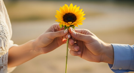 A close-up shot focused on the hands of a man and a woman as he gives her a single, bright yellow sunflower. The gesture is gentle and romantic, set against a soft, blurred outdoor background. This image represents love, romance, giving, and affection.の素材