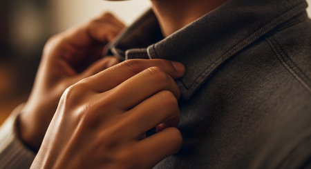 A close-up detail shot of a person's hands carefully buttoning the collar of a gray shirt. The image conveys concepts of getting dressed, preparation, fashion details, and daily morning routines.の素材