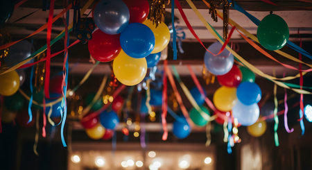 A festive ceiling decoration filled with colorful balloons and streamers hanging down. The vibrant red, blue, yellow, and green colors create a joyful atmosphere suitable for birthdays, parties, and celebrations.の素材