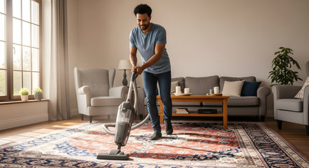 A man is vacuuming a large, ornate rug in a brightly lit, modern living room. He is smiling, suggesting satisfaction or ease, as he does household chores.の素材