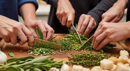 A close-up shot of multiple pairs of hands holding kitchen knives and chopping fresh herbs, like rosemary and sage, on a large wooden cutting board. This image suggests a group cooking class, teamwork, or communal food preparation.の素材