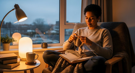 A young woman sits in a cozy armchair by a window at dusk, knitting with a book open on her lap. A warm lamp and a steaming mug are on a side table, creating a perfect 'hygge' atmosphere of relaxation and hobby.の素材