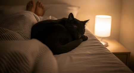 A peaceful scene of a black cat sleeping curled up on a bed next to its owner's feet under a duvet. A warm bedside lamp illuminates the cozy bedroom, creating a relaxing and intimate night-time atmosphere.の素材