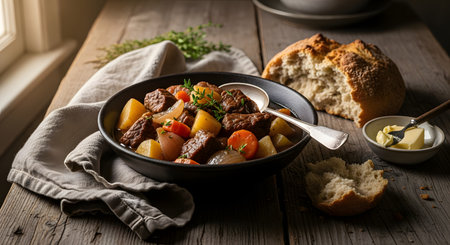 A bowl of hearty beef stew with chunks of meat, carrots, and onions served on a rustic wooden table. Fresh bread and butter are placed nearby, evoking a sense of warm comfort food.の素材