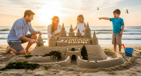 A happy family with two children builds an elaborate sandcastle on the beach during a beautiful sunset. They are laughing and working together by the ocean, enjoying a summer vacation.の素材