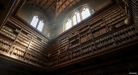 A low-angle view of a magnificent, historic library with floor-to-ceiling wooden bookshelves, a vaulted ceiling, and large arched windows. Sunbeams stream in, illuminating the dust and creating a sense of awe, knowledge, and history.の素材