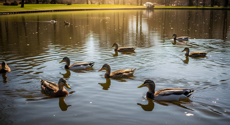 A group of mallard ducks, including drakes and hens, swim peacefully in a calm pond. The water reflects the sunlight, and the green banks of the pond with some trees are visible in the background under a warm, sunny sky.の素材