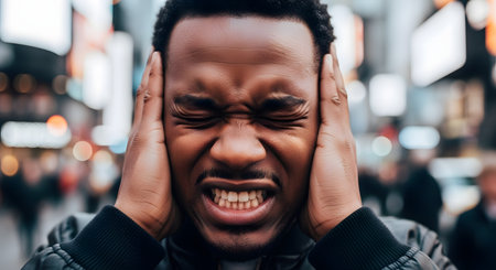 A stressed man tightly covers his ears with his hands and closes his eyes in pain against a blurred city background. The image represents sensory overload, loud noise, migraine, or overwhelming urban stress.の素材