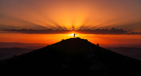 A silhouette of a person stands on a mountain peak with arms wide open against a radiant orange sunset. The image symbolizes freedom, success, and the triumph of reaching the summit.の素材