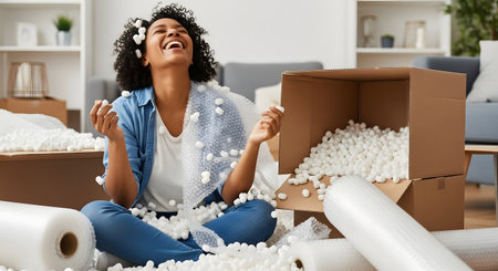 A cheerful woman sits on the floor laughing while playing with bubble wrap amidst cardboard boxes during a move. The scene captures the excitement and joy of unpacking and settling into a new home.の素材