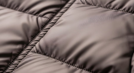 A close-up texture shot of a brown quilted puffer jacket showing the details of the fabric and stitching. The soft, padded material represents warmth, winter fashion, and high-quality textile design.の素材