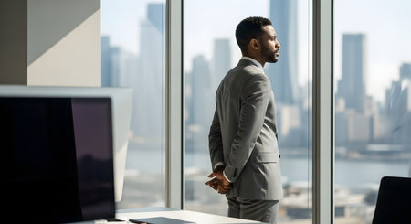 A professional businessman in a grey suit stands by a large floor-to-ceiling window, looking out at a sunny city skyline. The image conveys themes of leadership, vision, corporate success, and contemplation.の素材