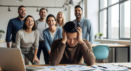 A stressed Asian man sits at his desk with his hands on his head, surrounded by messy papers, while a group of diverse colleagues stands behind him, laughing and pointing. The image depicts workplace bullying, mobbing, or being the subject of a joke.の素材
