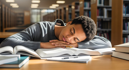 An exhausted young male student is asleep at a desk in a university library, his head resting on his arms on top of an open book. Several other books and a notebook are on the table in front of him, with library bookshelves blurred in the background. The scene suggests fatigue from studying or burnout.の素材