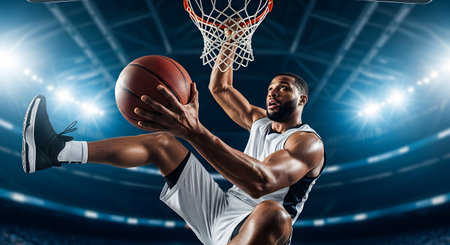 An athletic basketball player leaps high into the air to perform a powerful slam dunk, framed by dazzling stadium lights. The low-angle shot captures the intensity, agility, and competitive spirit of the game in a professional arena.の素材
