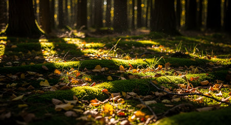 Rays of sunlight pierce through a dense forest, illuminating a vibrant green mossy floor scattered with fallen autumn leaves. The low-angle shot captures the magical and tranquil atmosphere of a woodland ecosystem.の素材