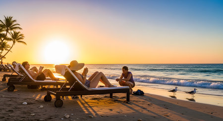 A group of people relax on lounge chairs along a sandy beach as the sun sets over the ocean, casting a warm golden glow. Palm trees frame the scene while seagulls walk near the water, creating a perfect tropical vacation atmosphere.の素材