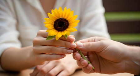 A close-up of one person's hands gently offering a bright yellow sunflower to another person. The gesture symbolizes friendship, love, kindness, and positive connection between people.の素材