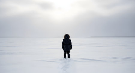 A solitary figure wearing a winter parka standing in the middle of a vast, frozen snowy landscape under a cloudy sky. The minimalist composition evokes themes of isolation, exploration, and the stark beauty of winter.の素材