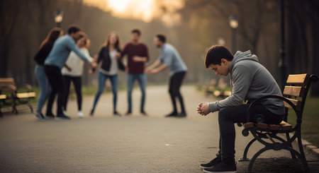 A young man sits alone on a park bench looking depressed, with a group of people arguing or bullying in the blurred background. The image captures themes of loneliness, social exclusion, and mental health struggles.の素材