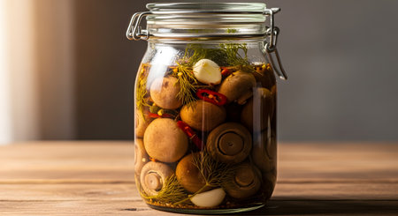 A clear glass jar filled with homemade pickled mushrooms, preserved in brine with sprigs of fresh dill, garlic cloves, and red chili peppers. The jar is sealed with a swing-top lid and sits on a rustic wooden table. This image represents canning, preserving, and gourmet homemade food.の素材
