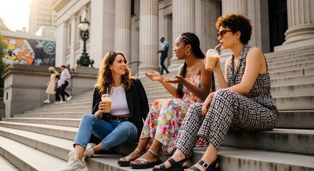 Three stylish, diverse young women are sitting together on large city steps, talking and laughing while drinking iced coffee. They are dressed in fashionable summer outfits, enjoying a sunny day of friendship and socializing in an urban setting.の素材