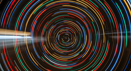 Abstract long-exposure photography featuring spinning concentric circles of colorful light trails. The vibrant red, blue, and yellow lines create a futuristic vortex effect against a dark background.の素材