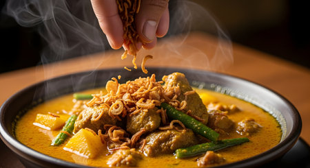A hand sprinkles crispy fried shallots as a garnish over a steaming hot bowl of yellow curry. The delicious dish contains meat, green beans, and potatoes, and is presented in a dark bowl on a wooden table, representing Asian cuisine.の素材