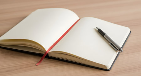 An open notebook with blank cream-colored pages and a red bookmark lies on a light wooden desk. A silver pen rests on the page, ready for writing, planning, sketching ideas, or journaling in a clean, organized workspace.の素材