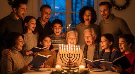 A large, happy multi-generational family is gathered around a table, celebrating Hanukkah. They are singing together, holding songbooks, and smiling at an elderly woman in the center who is lighting a menorah. The scene is warm, joyful, and filled with tradition.の素材