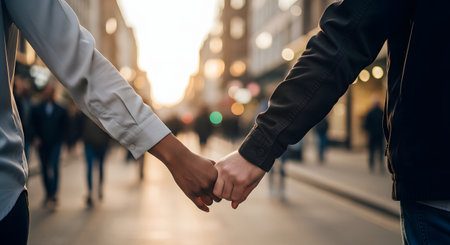 A close-up shot of an interracial couple holding hands while walking down a blurred city street at sunset. The focus is on their clasped hands,symbolizing love,unity,and partnership,with a warm bokeh background.の素材