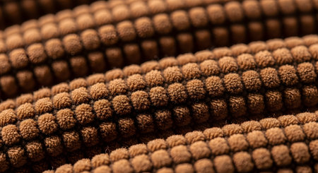 A detailed macro photograph showing the texture of brown corduroy fabric. The image highlights the distinct, parallel raised ridges (called 'wales') of the textile, showcasing its soft, velvety surface and woven structure.の素材