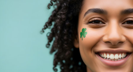 A close-up,cropped portrait of a smiling Black woman with curly hair,featuring a small green glitter shamrock painted on her cheek. The background is a solid light teal,emphasizing her bright smile and the St. Patrick's Day theme.の素材