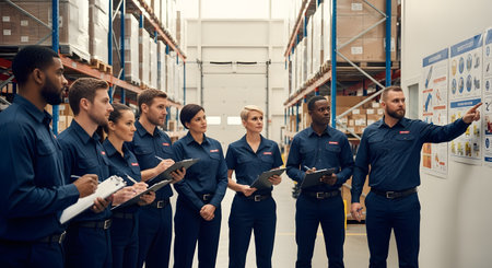 A diverse group of eight warehouse workers in matching blue uniforms stand together for a meeting. A male manager points to a safety chart on the wall, while the rest of the team listens attentively, some holding clipboards and taking notes. The setting is a large, well-lit warehouse with tall shelves full of stock.の素材