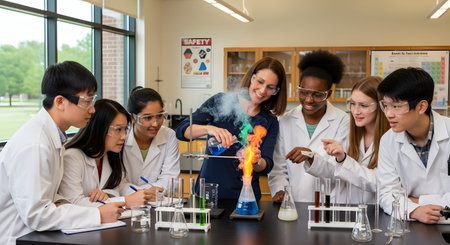 A female science teacher performs a colorful, smoking chemical reaction in a flask for a group of six diverse high school students. The students, wearing lab coats and safety goggles, gather around the lab bench and watch with interest in a modern classroom.の素材