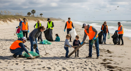 A group of volunteers, including adults and children, cleaning up trash and debris on a sandy beach. They are wearing safety vests and gloves, collecting plastic and nets in large trash bags. This activity represents environmental conservation, community service, and protecting the ocean.の素材
