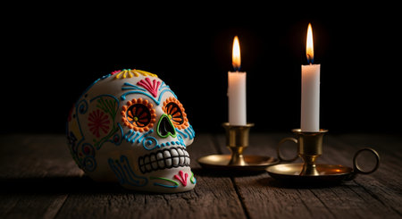 A decorated sugar skull (calavera) for the Day of the Dead (Dia de los Muertos) sits on a rustic wooden table. The skull is intricately painted with colorful floral designs. Next to it, two lit white candles in brass holders illuminate the scene against a dark background.の素材