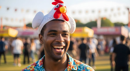 A close-up of a happy young man laughing heartily outdoors at a sunny festival. He is wearing a colorful floral shirt and a funny, novelty chicken hat. The background is blurred, showing a crowd and festival banners.の素材